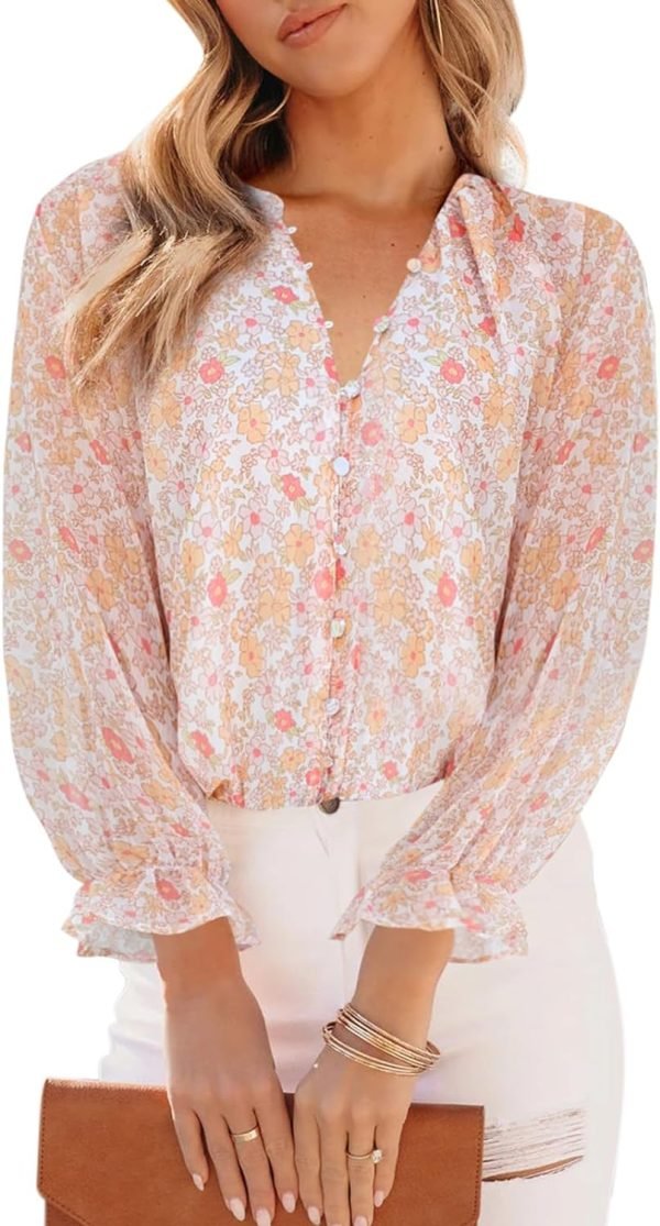Womens Casual Boho Floral Print V Neck Long Sleeve Blouses Button Down Shirts Dressy Chiffon Loose Ruffle Tops