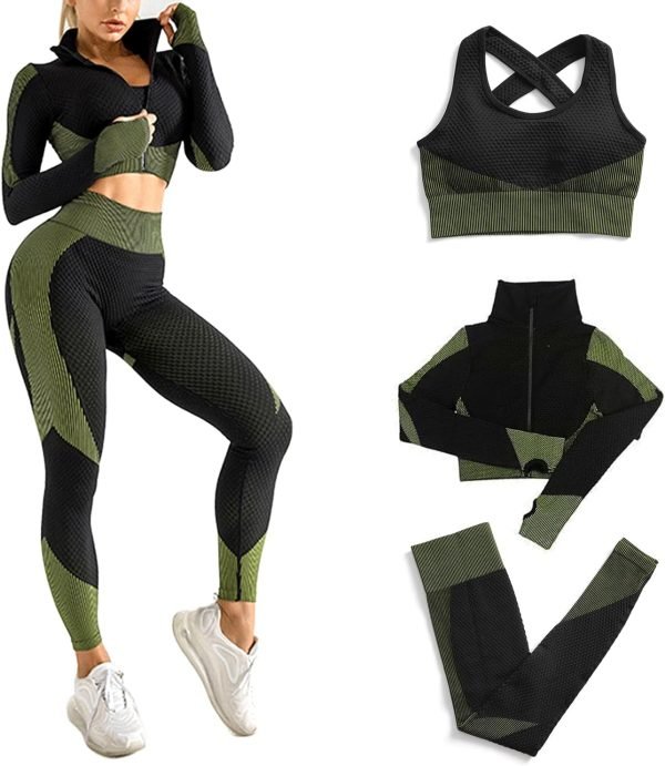 Women's 3 PC Seamless Gym Clothing Workout Outfit with Jacket Bra & Leggings Set