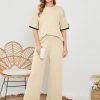 Womens Knit 2 Piece Sweater Sets Short Sleeve Pullover Tops Elastic Waist Wide Leg Pants Lounge Set