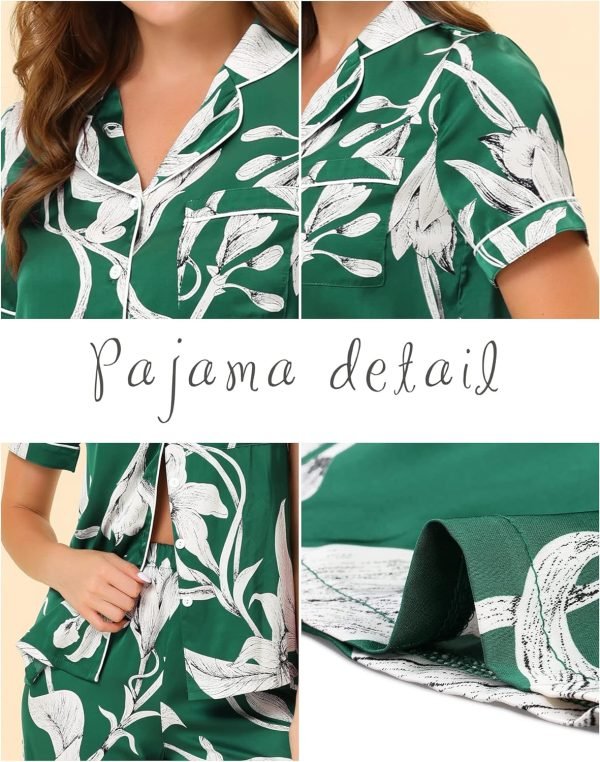 Womens Satin Floral Sleepwear Short Sleeves Button Down Tops with Pants Lounge Pajamas Sets