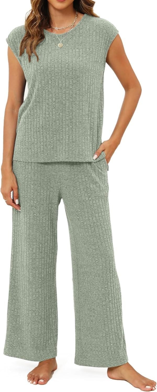 Pajama Sets for Women 2 Piece Ribbed Knit Summer Cute Pj Set Comfy Matching Lounge Sets Loungewear Sleepwear