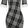 Women's Slim Fit Plaid Floral Printed Half Sleeve Formal Body-con Dress Pencil Dresses SK276