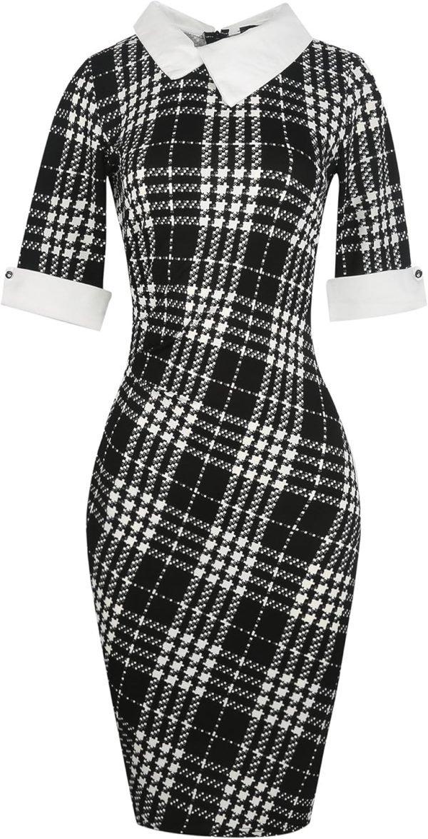 Women's Slim Fit Plaid Floral Printed Half Sleeve Formal Body-con Dress Pencil Dresses SK276