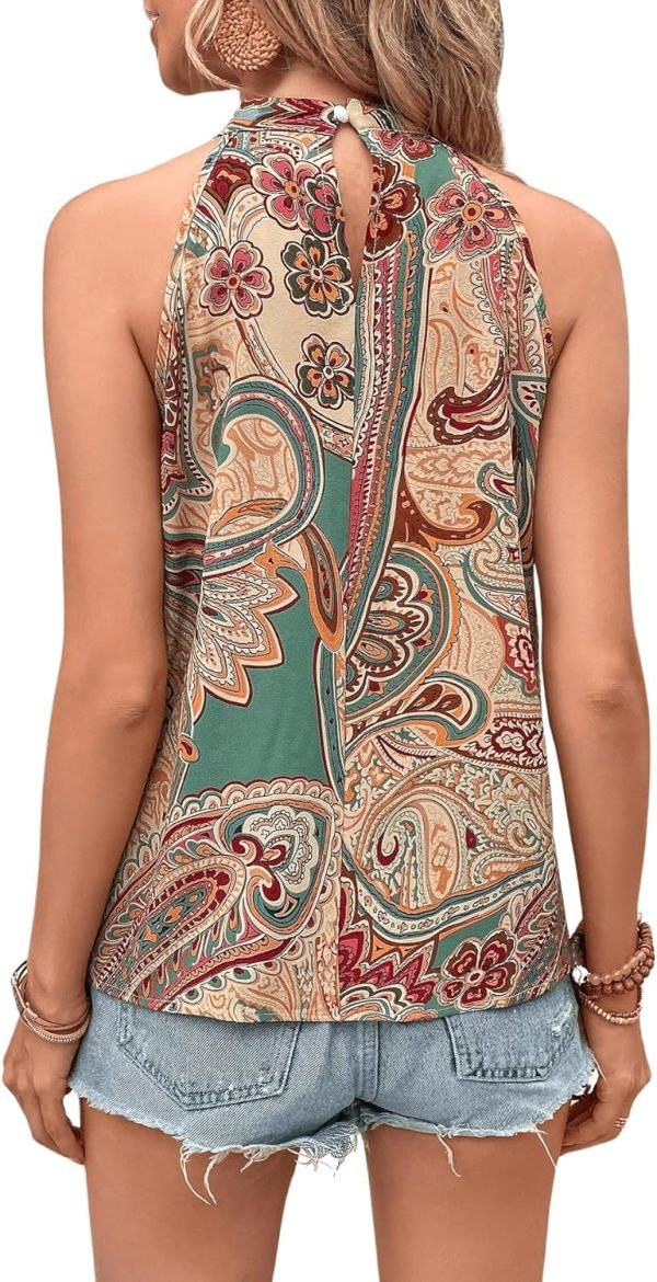 Women's Tropical Paisley Print Halter Blouse Sleeveless Boho Shirt Tops Button Back Vacation Tops