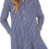 Women's Tunic Mini Shirt Dress Cotton Long Sleeve Ruffle Hem Dress Button Up Shift Chambray Dresses
