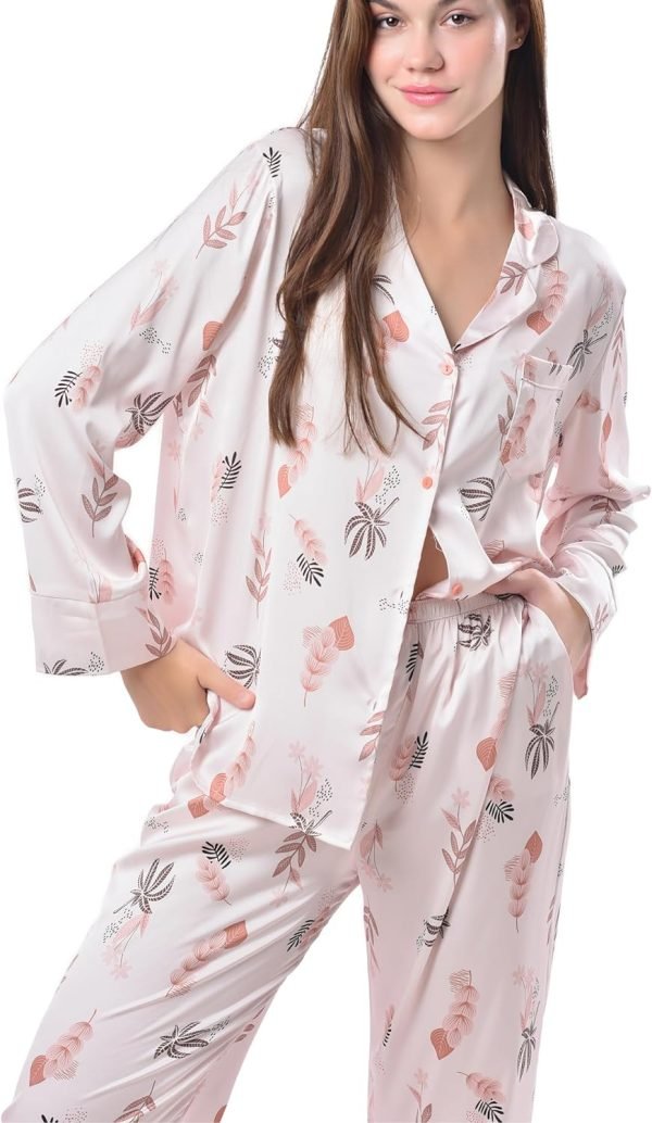 Women's Silky Satin Pajamas Set Long sleeve and Pants Sleepwear Soft and Comfy Button Down Loungewear Relaxed Fit