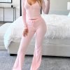 Women Ribbed Knit Yoga Lounge Set V Neck Long Sleeve Button Crop Tee Drawstring Pants Solid Slim Two Pieces Sets