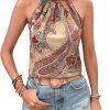 Women's Tropical Paisley Print Halter Blouse Sleeveless Boho Shirt Tops Button Back Vacation Tops