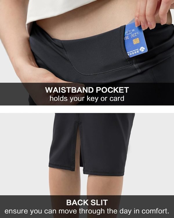 Women Office Work Pencil Skirts Stretchy High Waist Tummy Control Nylon Midi Bodycon Skirts Below Knee Back Slit