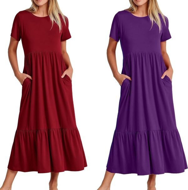 81THpPMaNFL._AC_SL1500 Womens Summer Dresses Casual Short Sleeve Crewneck Swing Dress Casual Tiered t Shirt Dress with Pockets 2024 Trendy Outfits