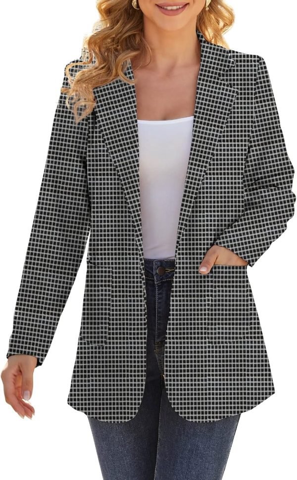 Women Open Front Blazers Long Sleeve Casual OL Office Slim Buttonless Suit Jacket with Pockets