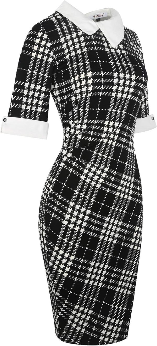 Women's Slim Fit Plaid Floral Printed Half Sleeve Formal Body-con Dress Pencil Dresses SK276