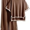 Womens Knit 2 Piece Sweater Sets Short Sleeve Pullover Tops Elastic Waist Wide Leg Pants Lounge Set