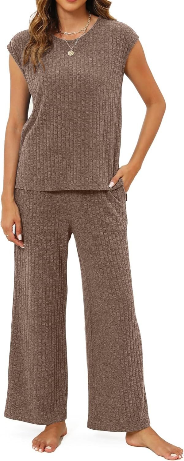 Pajama Sets for Women 2 Piece Ribbed Knit Summer Cute Pj Set Comfy Matching Lounge Sets Loungewear Sleepwear