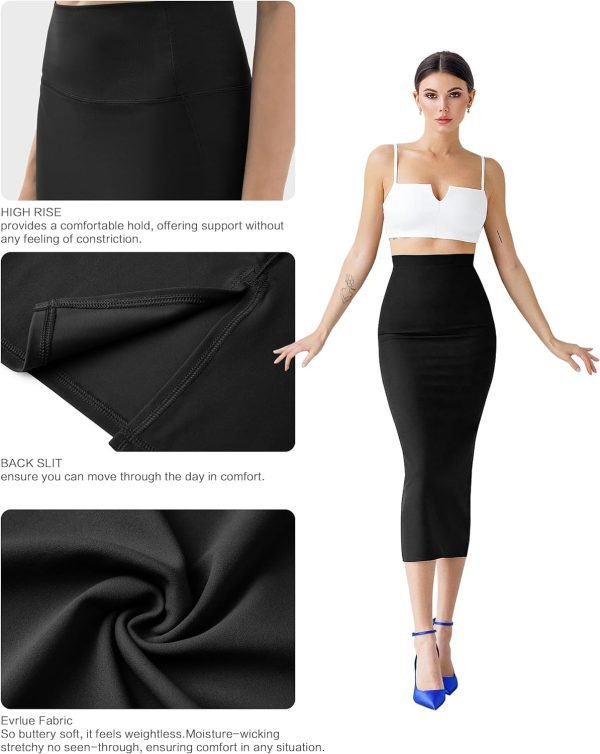 Women Office Work Pencil Skirts Stretchy High Waist Tummy Control Nylon Midi Bodycon Skirts Below Knee Back Slit