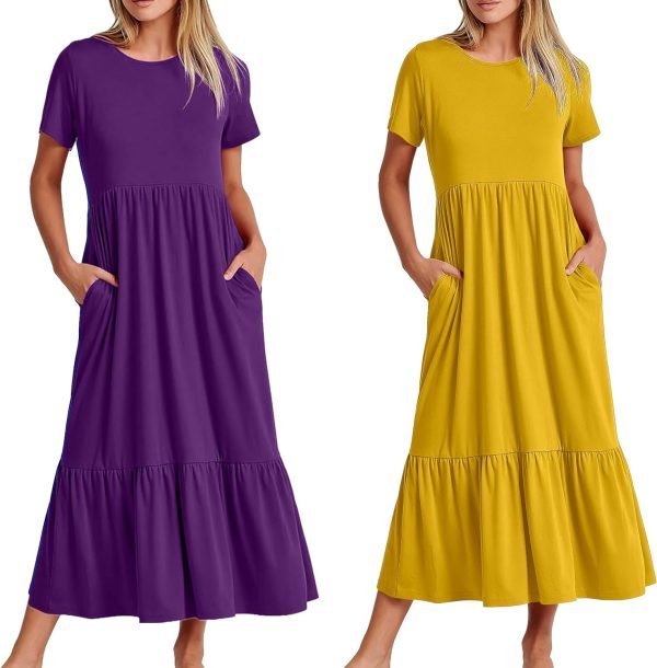 81ij0ghdBEL._AC_SL1500 Womens Summer Dresses Casual Short Sleeve Crewneck Swing Dress Casual Tiered t Shirt Dress with Pockets 2024 Trendy Outfits