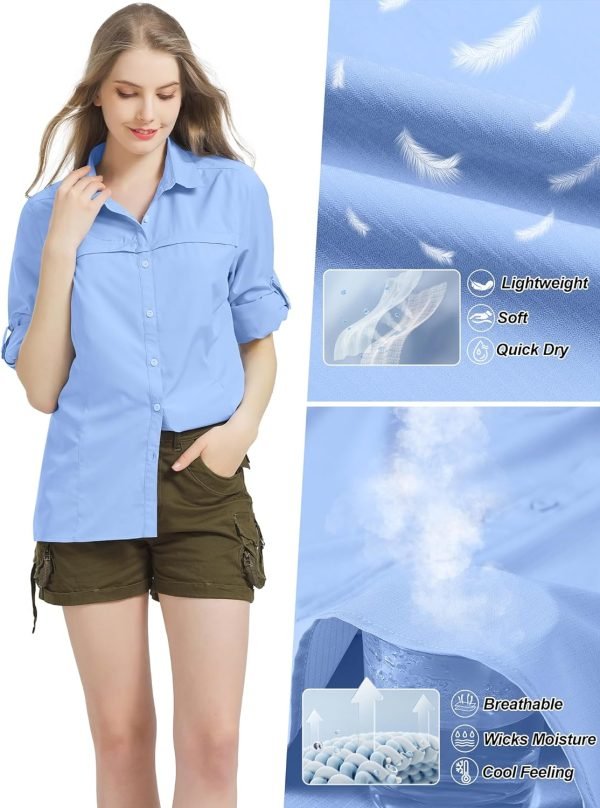 81j1PlxR4UL._AC_SL1500 Womens Sun Protection Safari Shirt Quick Dry SPF 50 UV Lightweight Fishing Travel Hiking Outdoor Shirts with Zipper Pockets