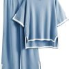 Womens Knit 2 Piece Sweater Sets Short Sleeve Pullover Tops Elastic Waist Wide Leg Pants Lounge Set