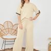 Womens Knit 2 Piece Sweater Sets Short Sleeve Pullover Tops Elastic Waist Wide Leg Pants Lounge Set