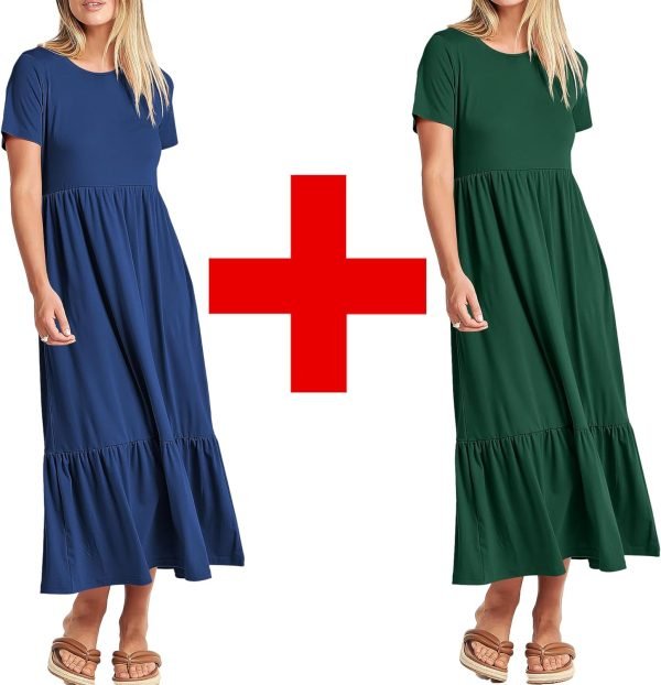 81r9t0MYN8L._AC_SL1500 Womens Summer Dresses Casual Short Sleeve Crewneck Swing Dress Casual Tiered t Shirt Dress with Pockets 2024 Trendy Outfits
