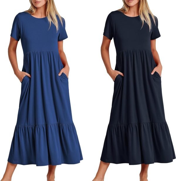 81v1aUHM2LL._AC_SL1500 Womens Summer Dresses Casual Short Sleeve Crewneck Swing Dress Casual Tiered t Shirt Dress with Pockets 2024 Trendy Outfits