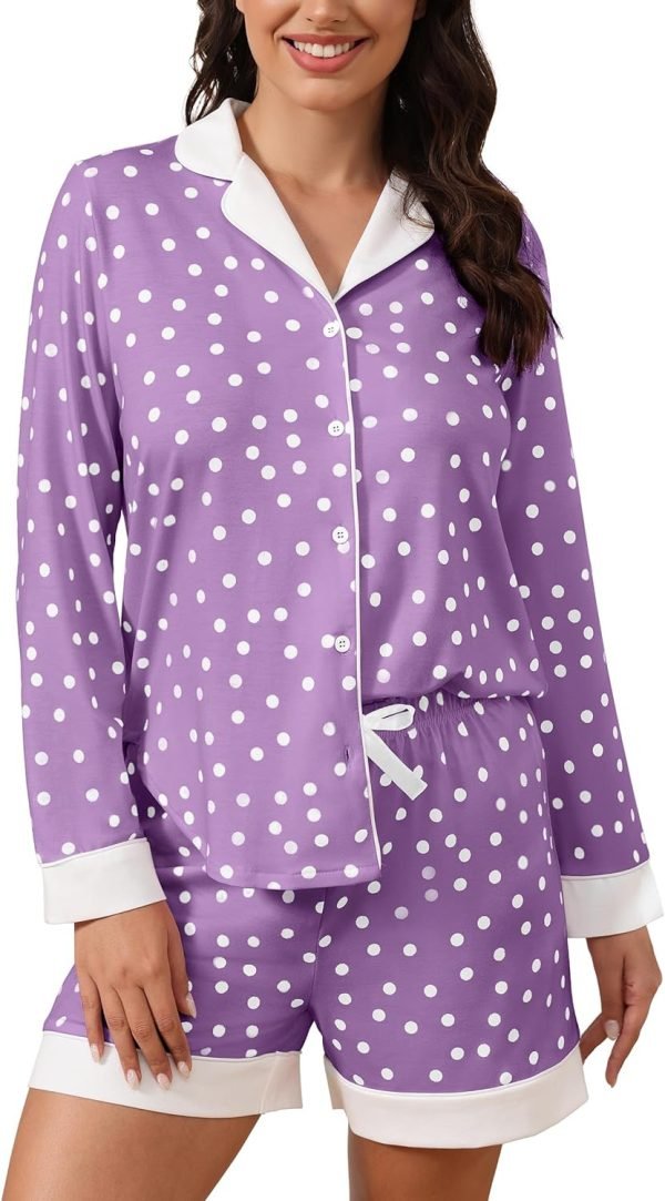 81xdrlhsaqL._AC_SL1500 Button Down Pajamas Sets Women Two-Piece Satin Silk Pjs Sets Loungewear Long Sleeve Sleepwear Shorts Nightwear Sets