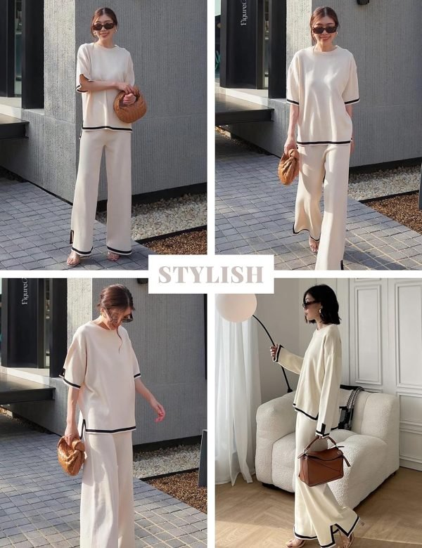 Womens Knit 2 Piece Sweater Sets Short Sleeve Pullover Tops Elastic Waist Wide Leg Pants Lounge Set