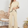 Womens Knit 2 Piece Sweater Sets Short Sleeve Pullover Tops Elastic Waist Wide Leg Pants Lounge Set
