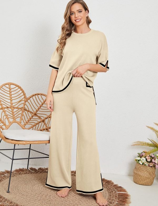 Womens Knit 2 Piece Sweater Sets Short Sleeve Pullover Tops Elastic Waist Wide Leg Pants Lounge Set